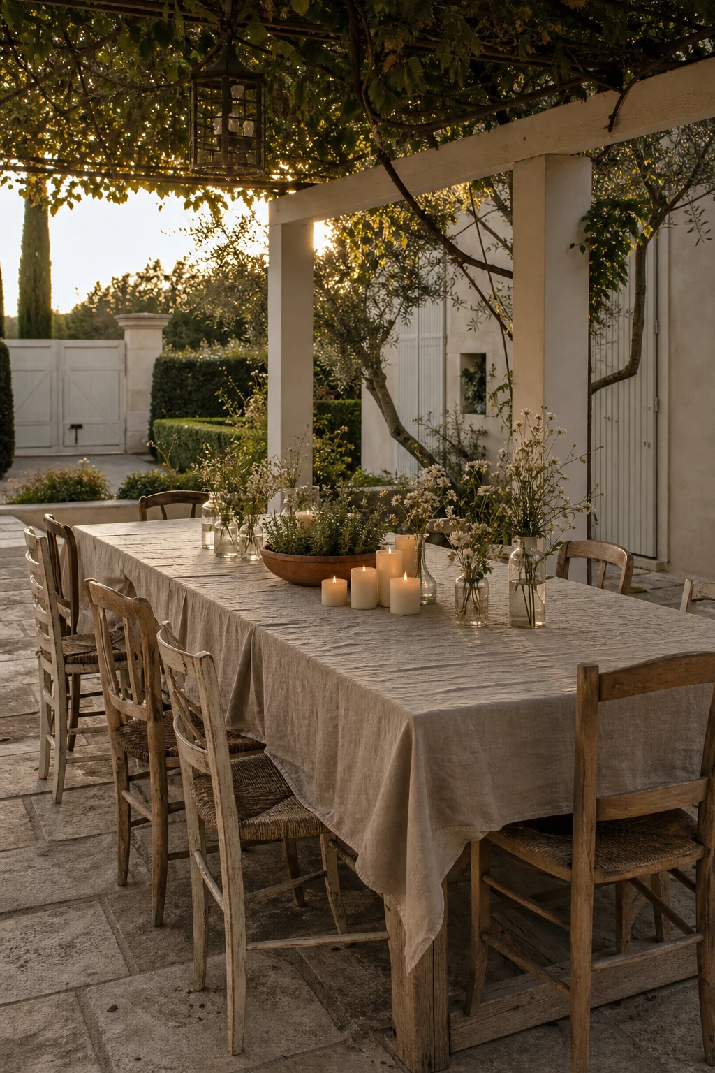 French country garden patio with a long al fresco dining table set under a pergola, linen tablecloth, mismatched chairs, candles and terracotta pots