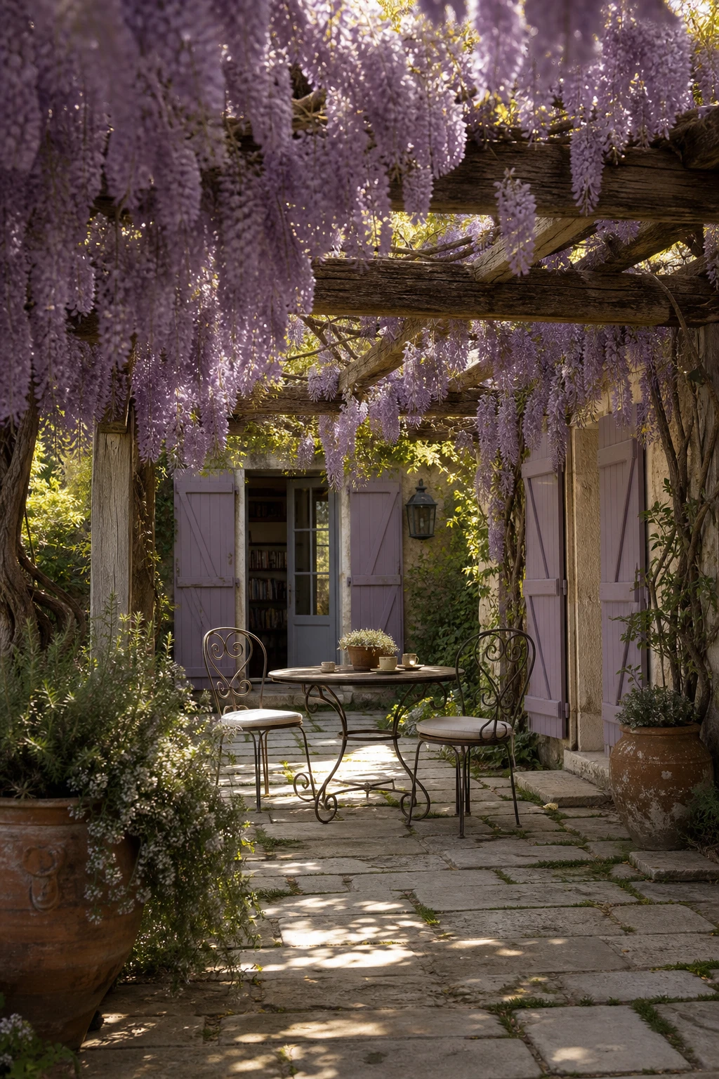 French country garden patio with a wisteria covered pergola as hero, stone flooring, wrought iron furniture and Farrow and Ball Calluna painted shutters in soft afternoon light