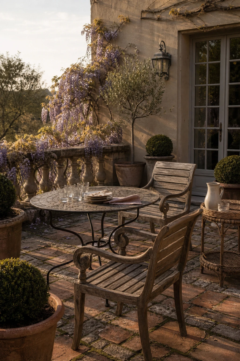 French country garden patio with classic wrought iron and teak furniture as the hero, styled with aged stone, trailing vines and soft afternoon light