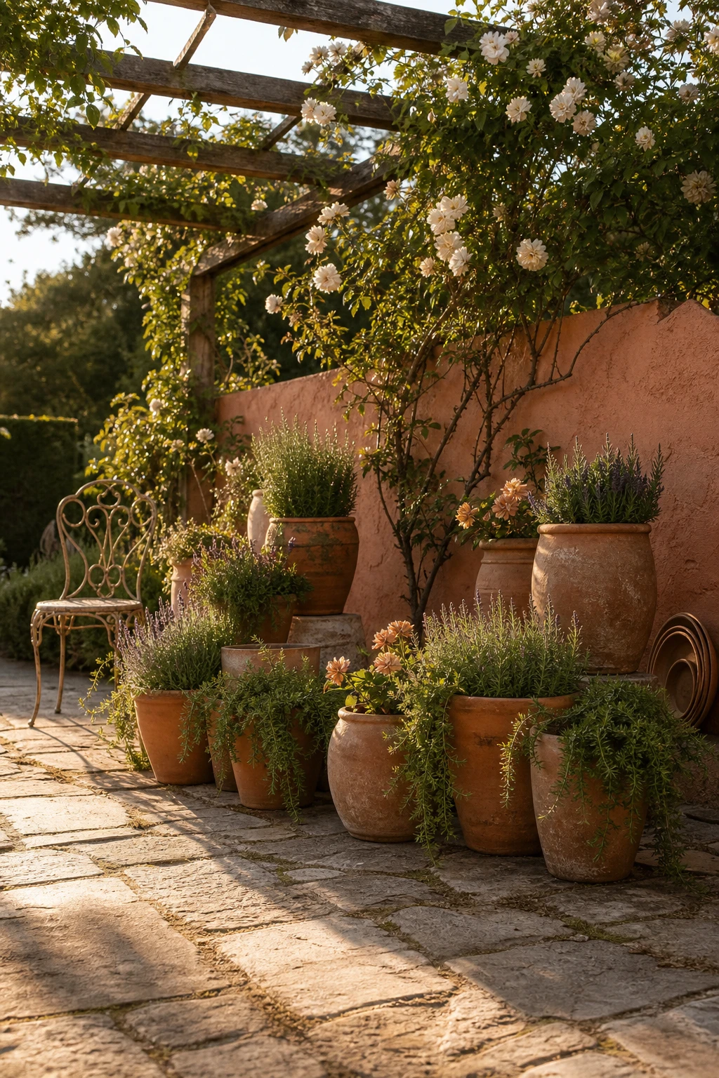 French Country Garden Patio with clustered terracotta pots of varying heights holding herbs and lavender beside a stone wall painted Farrow and Ball Faded Terracotta