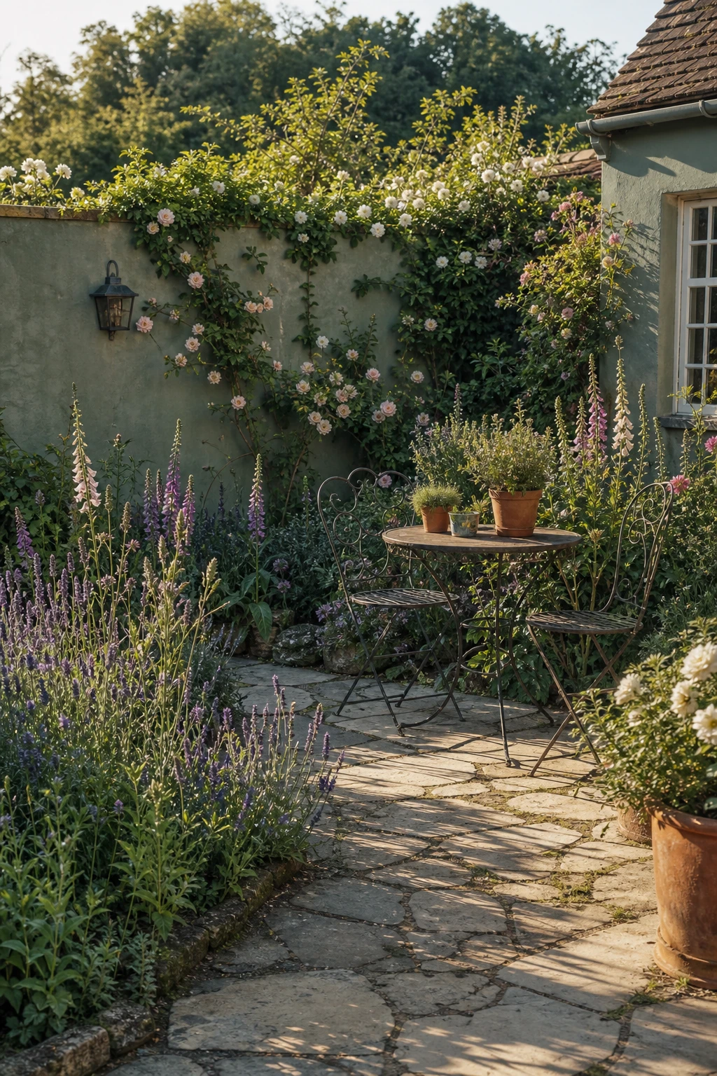 French country garden patio with cottage flower borders spilling over stone edging, roses, lavender and foxgloves softening the hard patio line in warm afternoon light
