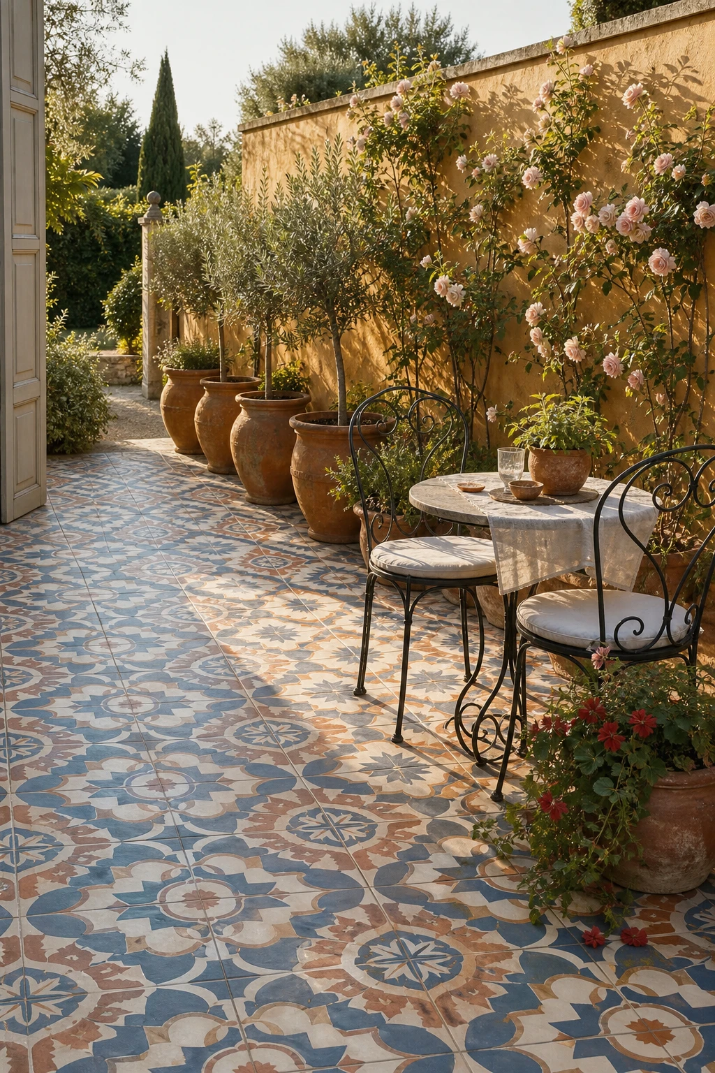 French country garden patio with encaustic outdoor tiles in geometric patterns, wrought iron bistro furniture, terracotta pots, and warm afternoon light
