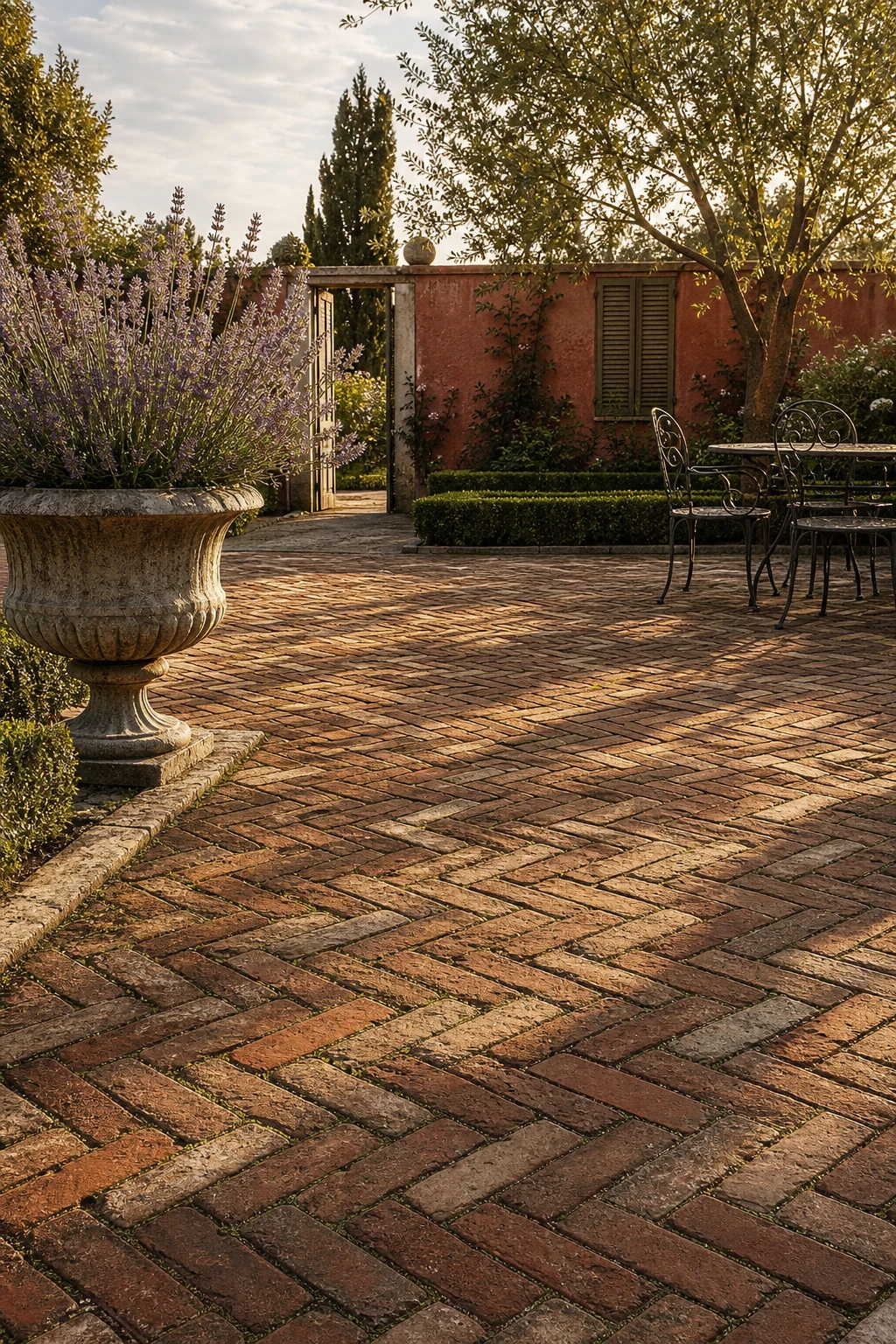French country garden patio with herringbone brick paving, aged stone planter, wrought iron bistro furniture, climbing roses on a warm afternoon