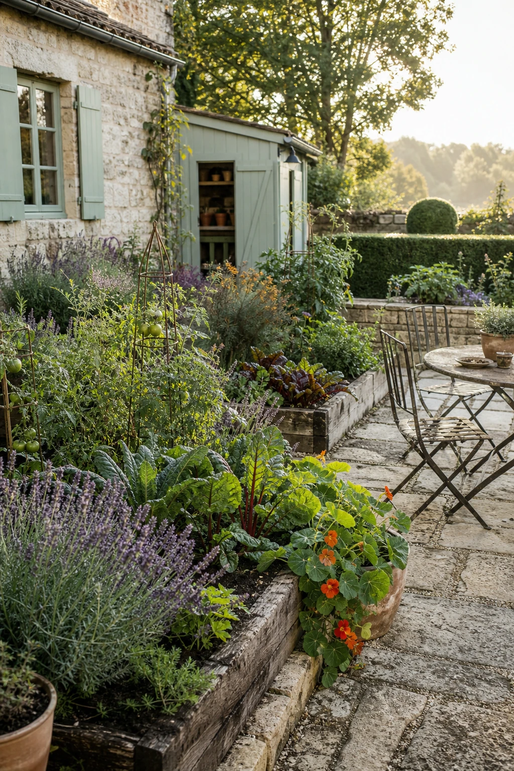 French country garden patio with kitchen garden raised beds planted with herbs, vegetables and edible flowers beside a stone terrace in soft natural light