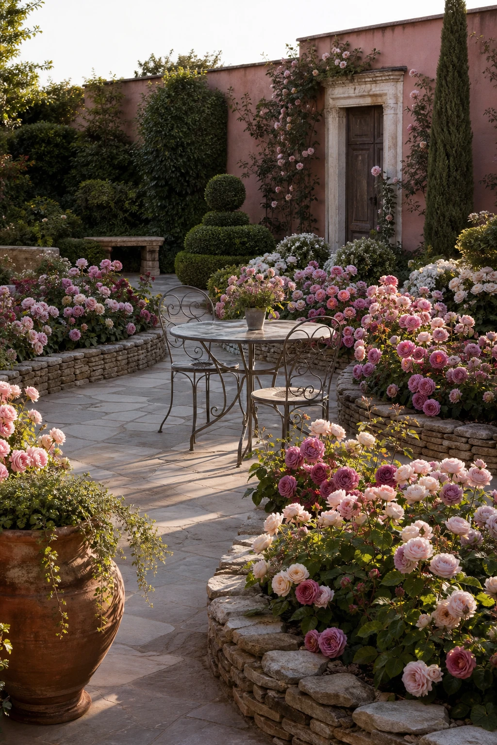 French country garden patio with massed rose garden beds in soft pink and blush tones, stone edging, wrought iron furniture, and Farrow & Ball Peignoir painted garden wall