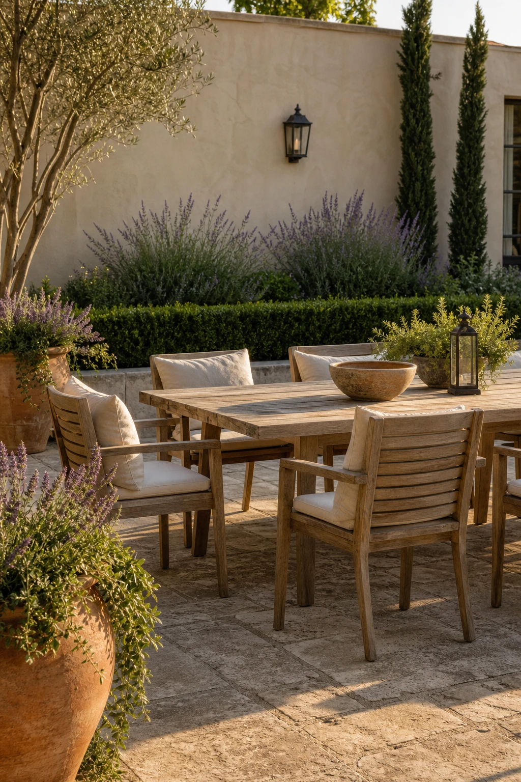 French Country Garden Patio with relaxed modern mix of clean stone paving, linen cushions, terracotta pots and soft lavender planting in warm afternoon light