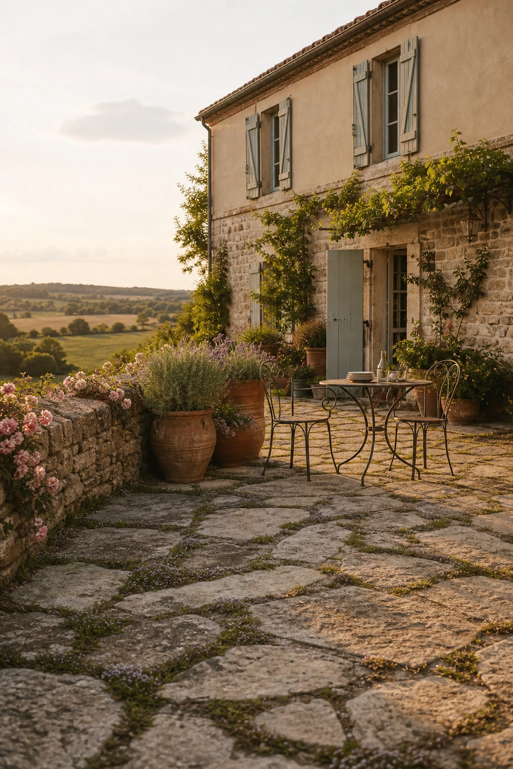 French country garden patio with rough stone farmhouse walls and irregular limestone flagging, terracotta pots, wrought iron furniture, and climbing roses in warm afternoon light