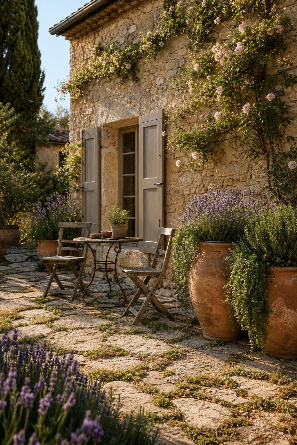 French country garden patio with rustic stone cottage wall, moss filled joints, aged terracotta urns, climbing roses and weathered stone pavers in warm afternoon light