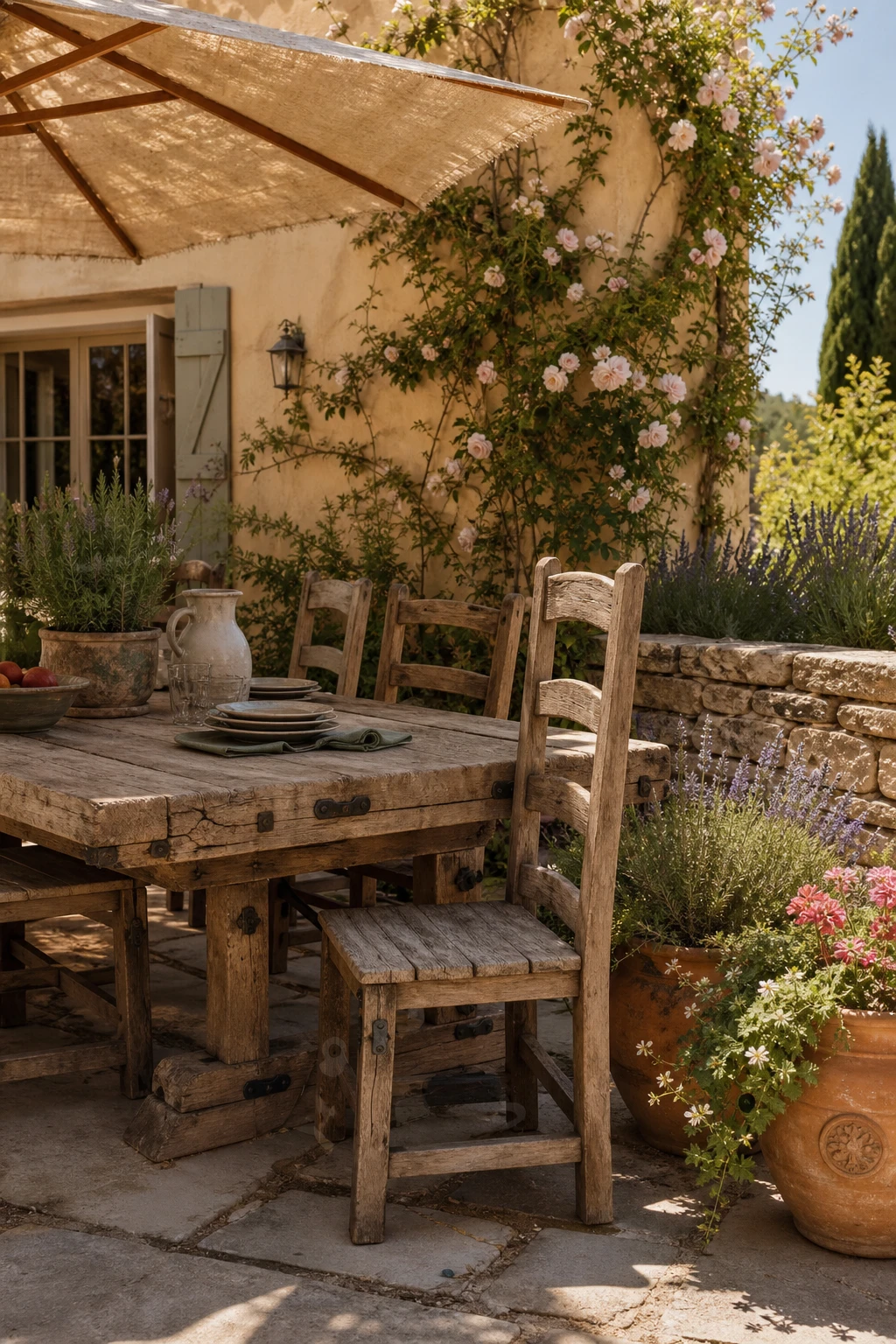 French Country Garden Patio with rustic wooden furniture, hand forged iron details, terracotta pots, and climbing roses bathed in warm afternoon light