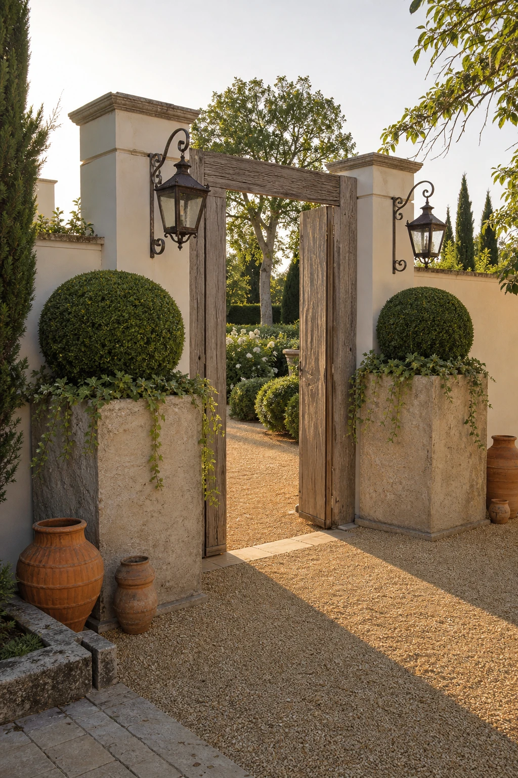 French country garden patio with tall square stone planters as the hero, clipped topiary, warm afternoon light, Hardwick White painted low garden wall