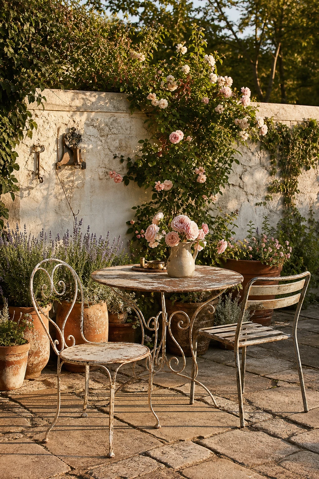 French country garden patio with vintage found pieces as hero, aged iron bistro table and mismatched chairs, worn terracotta pots, climbing roses on stone wall