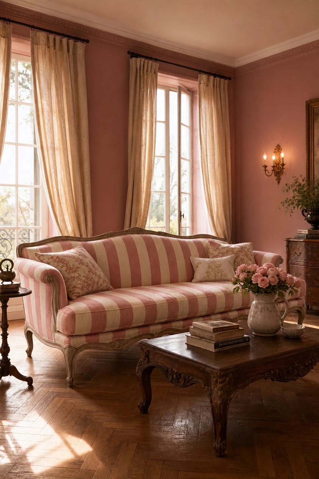 French country living room with a pink and cream striped sofa as the hero, linen curtains, parquet floor, carved wood coffee table and Farrow Ball Tailor Tack walls