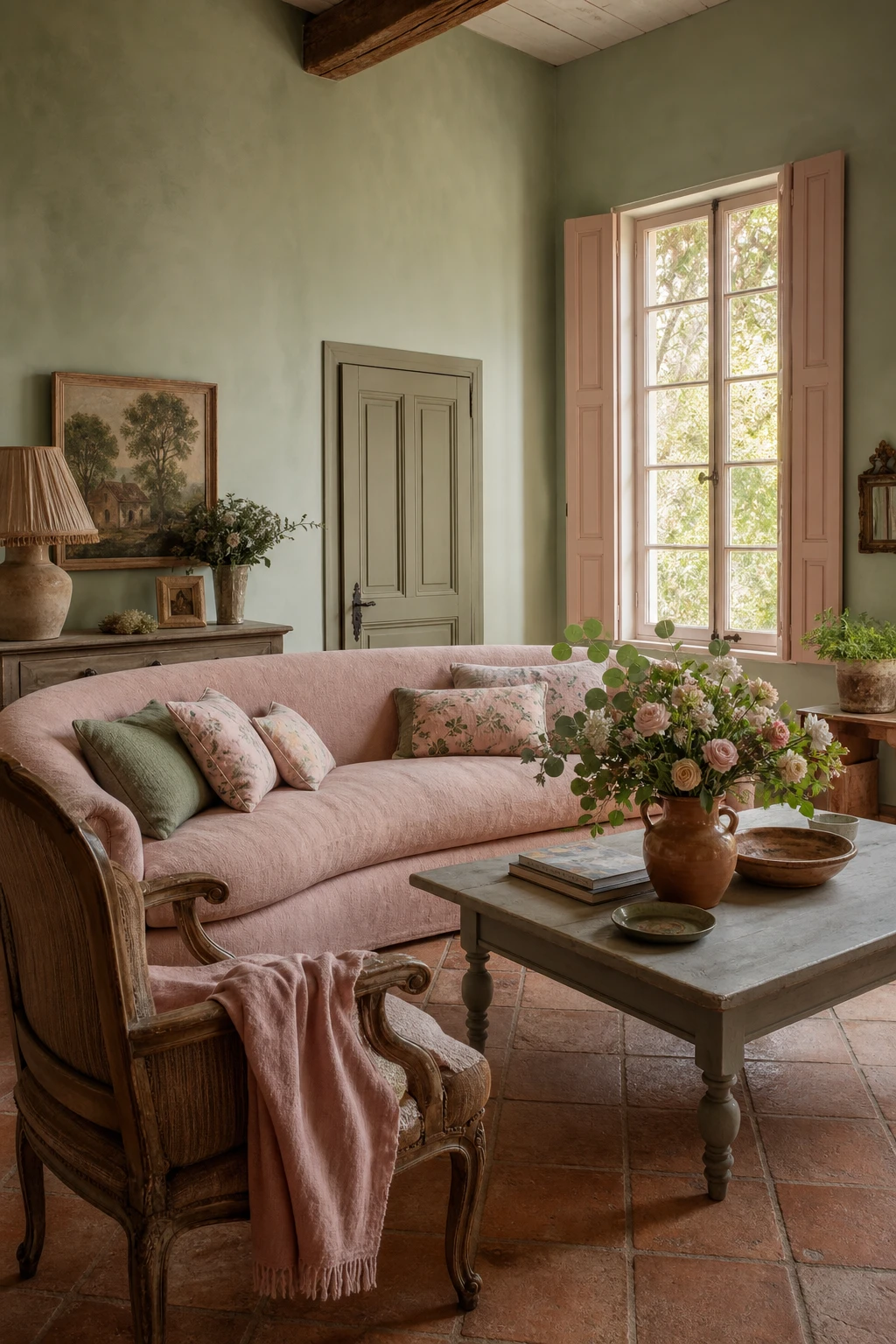 French country living room with blush upholstery and sage green walls, antique wood furniture, linen curtains and botanicals in warm afternoon light