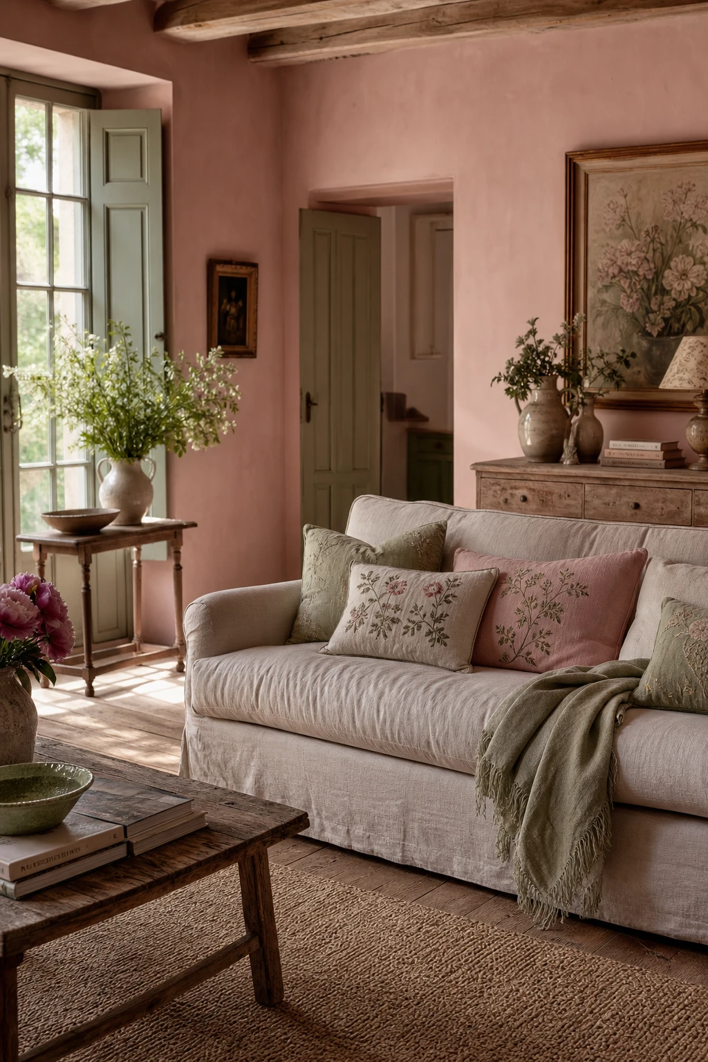 French country living room with pink and sage green colour combination, linen sofa, botanical cushions, shuttered windows and Farrow and Ball Calamine painted walls