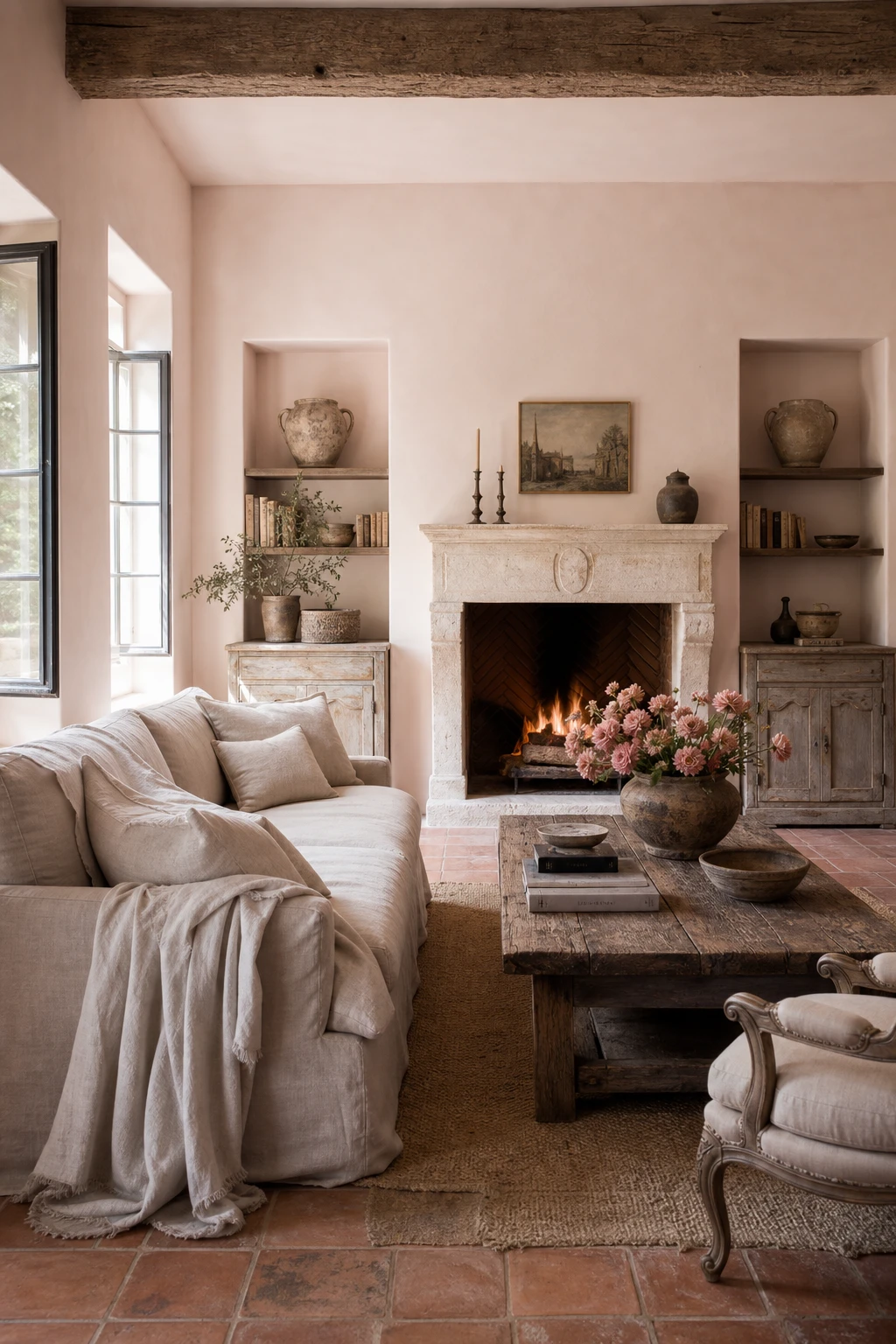 French country living room with quiet pink walls in Farrow and Ball Peignoir paired with aged oak beams, linen sofa and antique wooden furniture