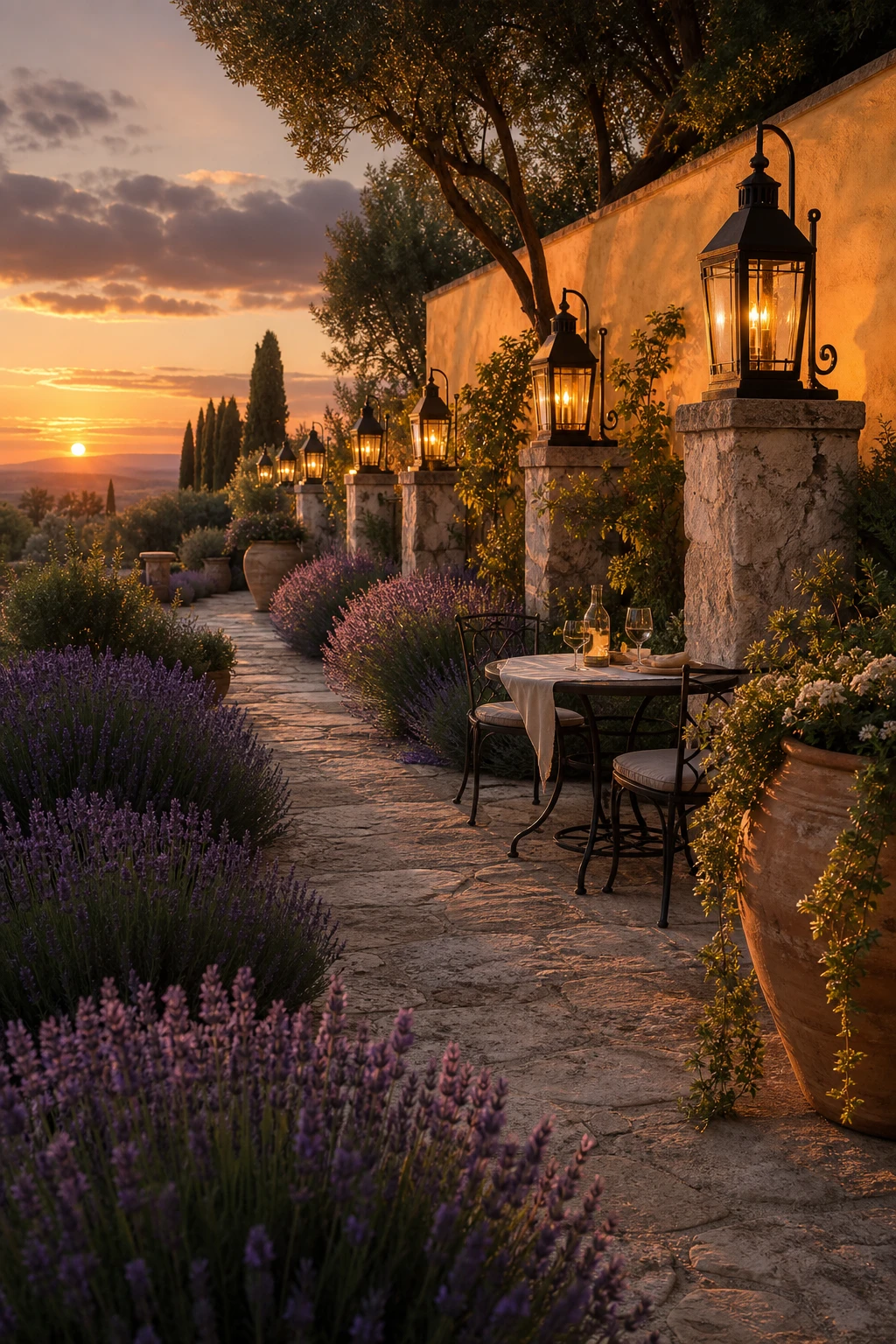 French Provence garden landscape at dusk with warm garden lantern lighting illuminating lavender borders, stone pathways and terracotta urns under a golden sky
