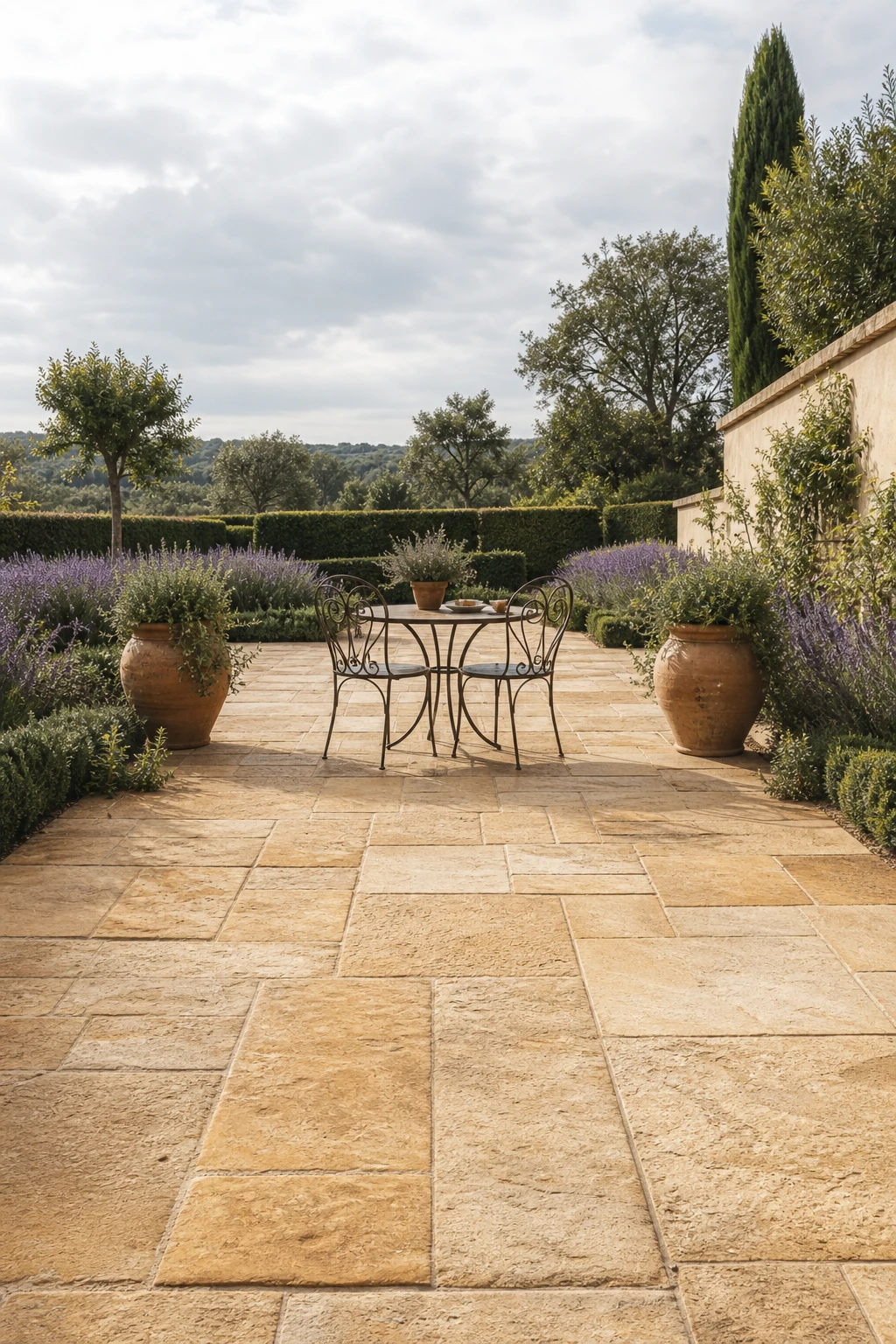 French Provence garden landscape patio with warm sandstone paving glowing amber, terracotta pots, lavender borders, wrought iron table and Dorset Cream rendered garden wall