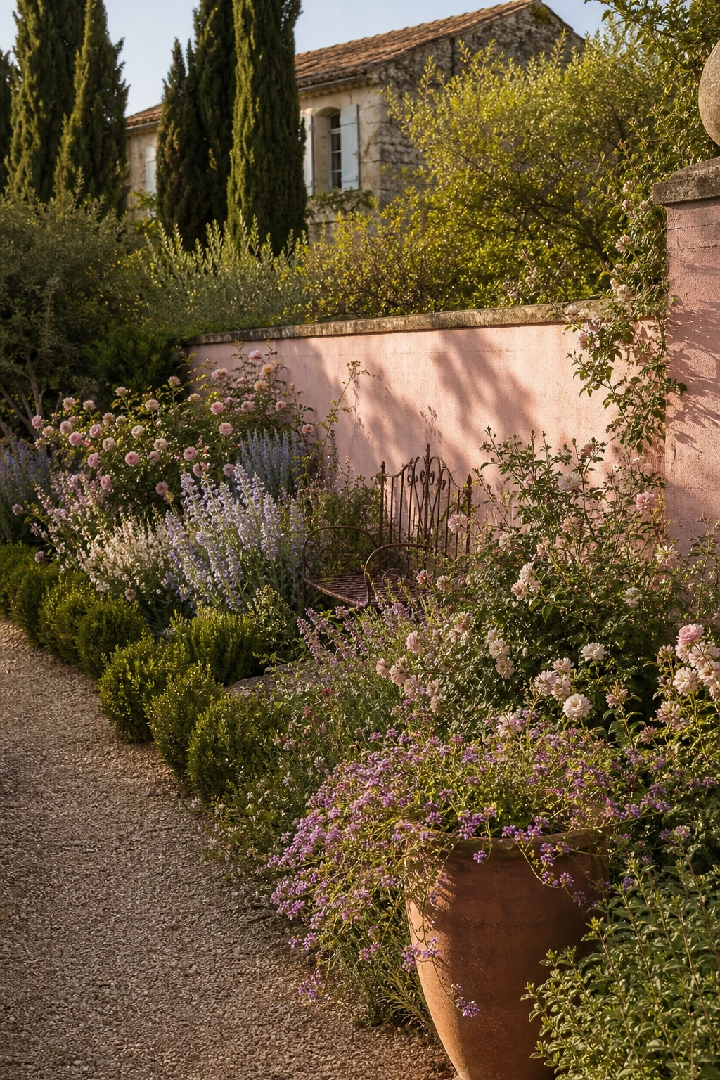 French Provence garden landscape with cottage style mixed beds of lavender roses and herbs beside a Pink Ground painted stone garden wall in soft afternoon light