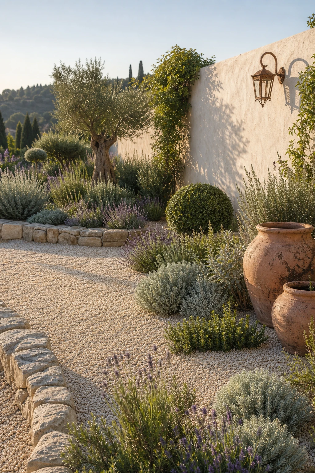 French Provence garden landscape with gravel planting beds as hero, lavender and rosemary rising through pale gravel, stone edging, terracotta pots, soft afternoon light
