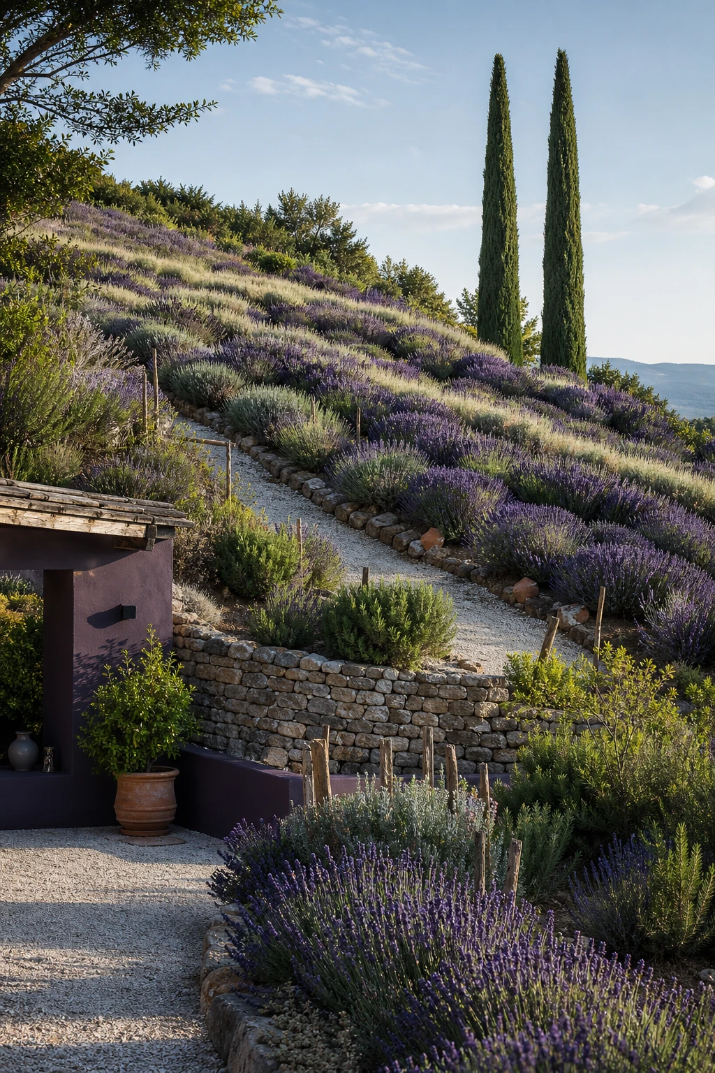 French Provence garden landscape with hillside lavender planting cascading down a sunny slope, stone terrace wall, gravel path, and cypress trees under warm afternoon light