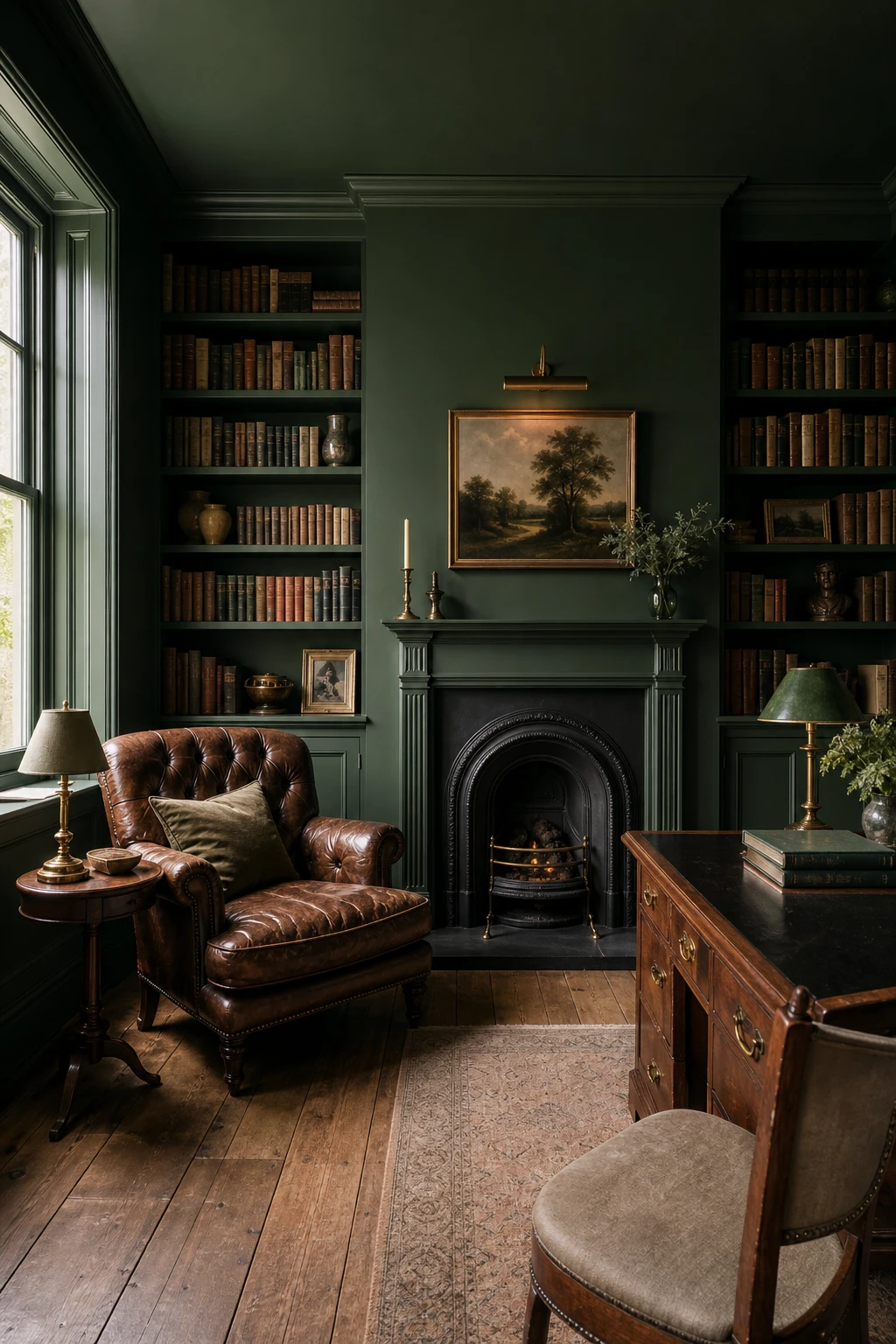 Fully drenched English study painted in Farrow & Ball Studio Green on walls, ceiling and joinery with warm brass and aged leather accents