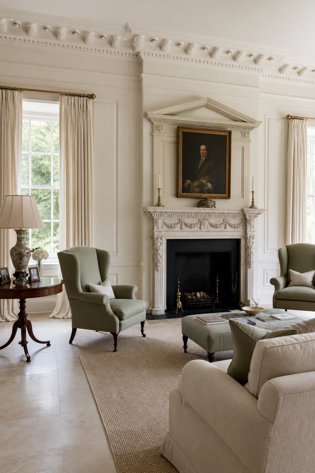 Georgian English drawing room with pale stone walls, tall sash windows, ornate cornice, classical proportions and warm serene Old English color palette