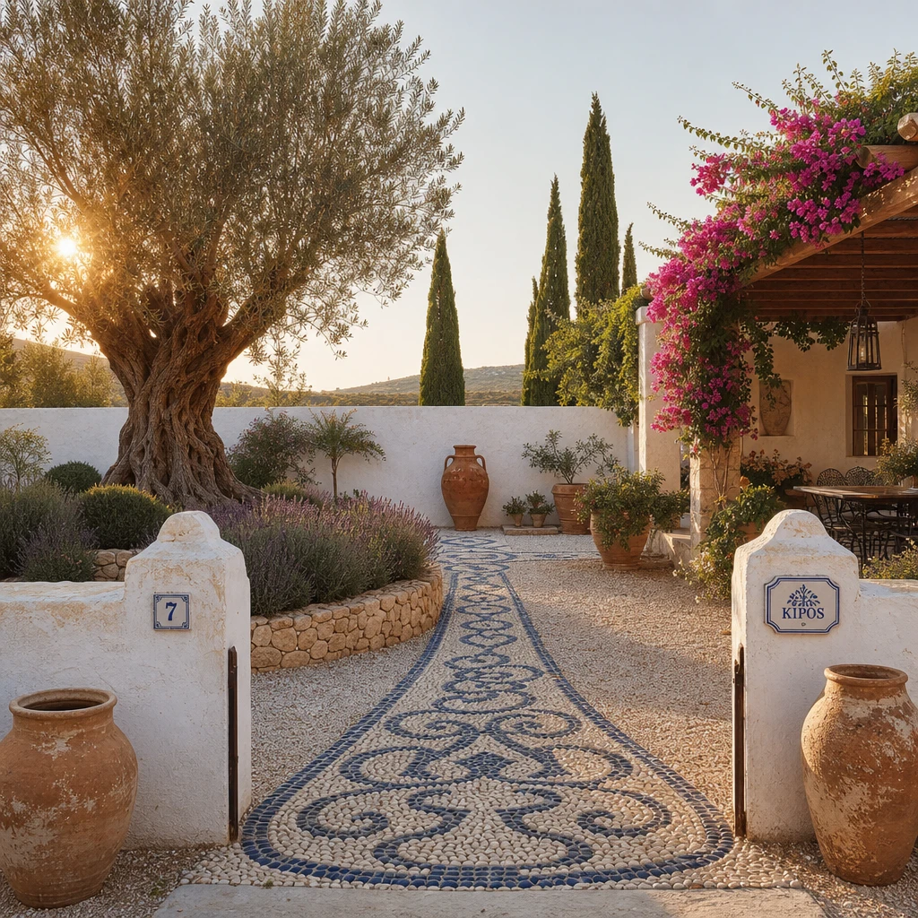Greek style garden with whitewashed stucco walls, a mosaic pebble path, olive tree, bougainvillea-covered pergola, terracotta amphora, and cypress trees in warm late afternoon light.
