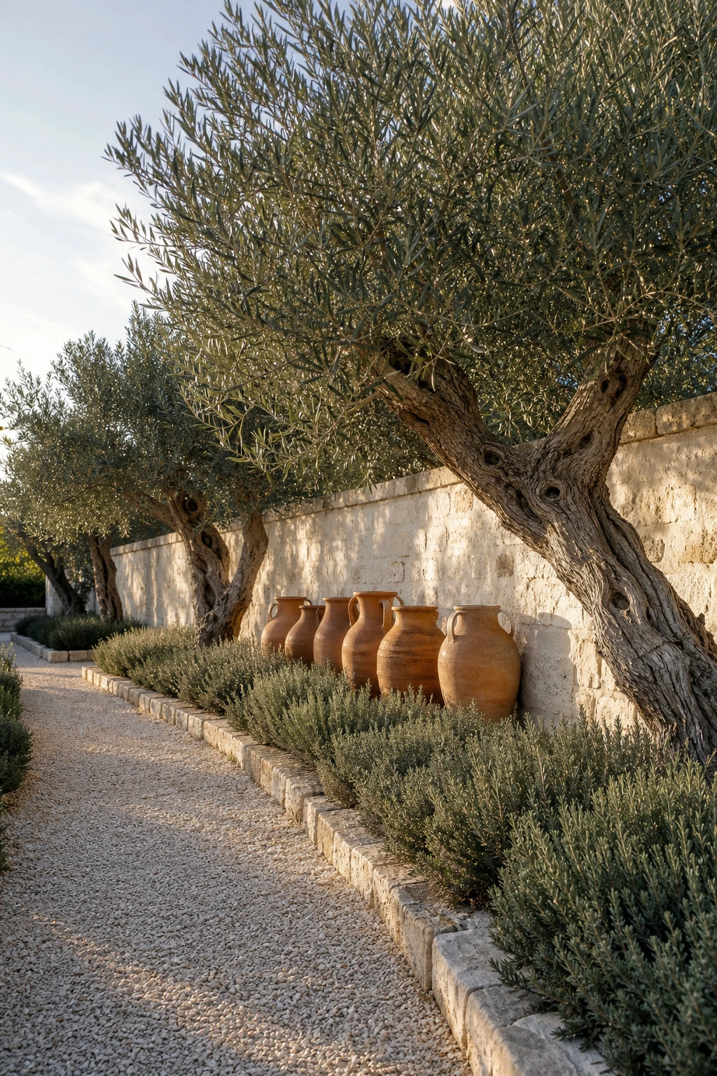 Greek style garden with ancient olive trees growing against a warm white stone wall, terracotta urns and gravel underfoot, soft afternoon light