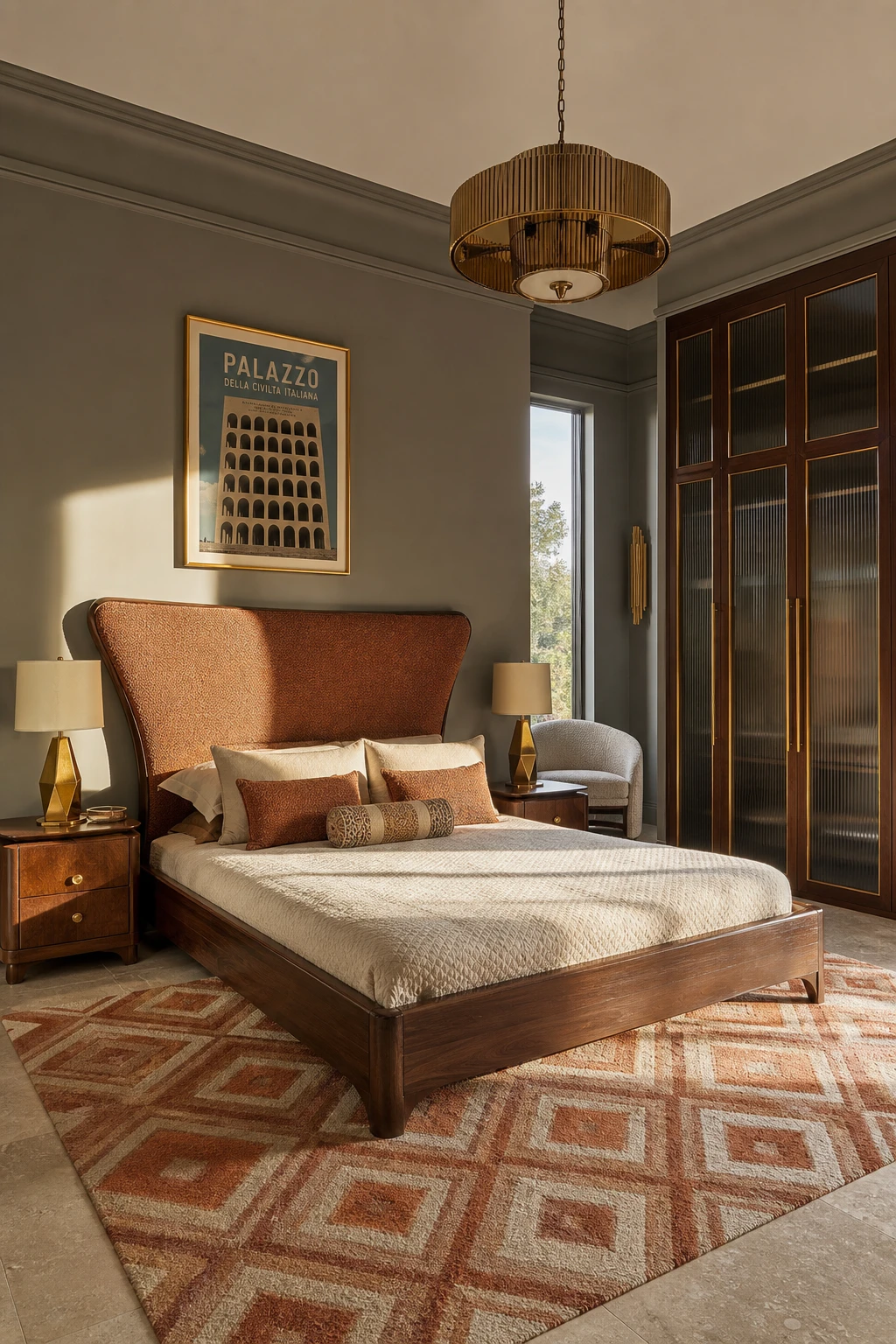 Italian Art Deco bedroom blending mid century modern and Art Deco with walnut furniture, geometric rugs, brass lighting and Charleston Gray walls