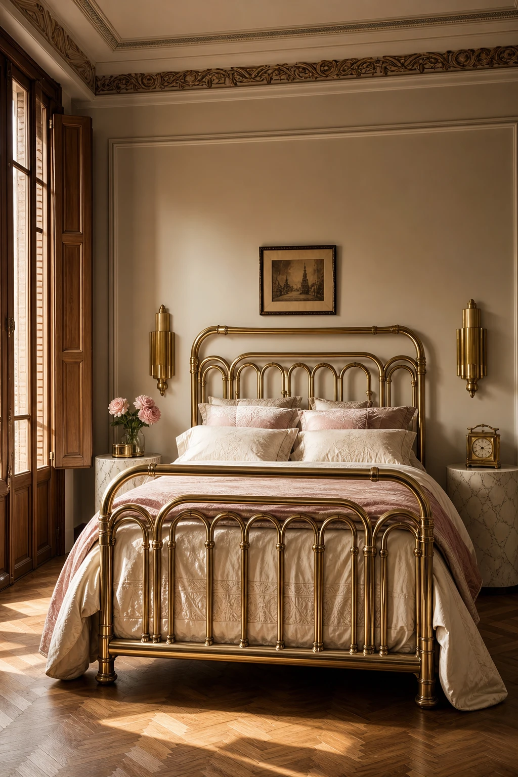 Italian Art Deco bedroom centered on an ornate vintage brass bed with warm neutral walls, layered silk bedding, and symmetrical brass sconces casting evening light