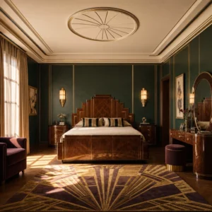 Italian Art Deco bedroom with a lacquered walnut stepped headboard, dark green panelled walls with brass inlays, frosted glass sconces, a geometric gold and mauve rug, and warm amber afternoon light.