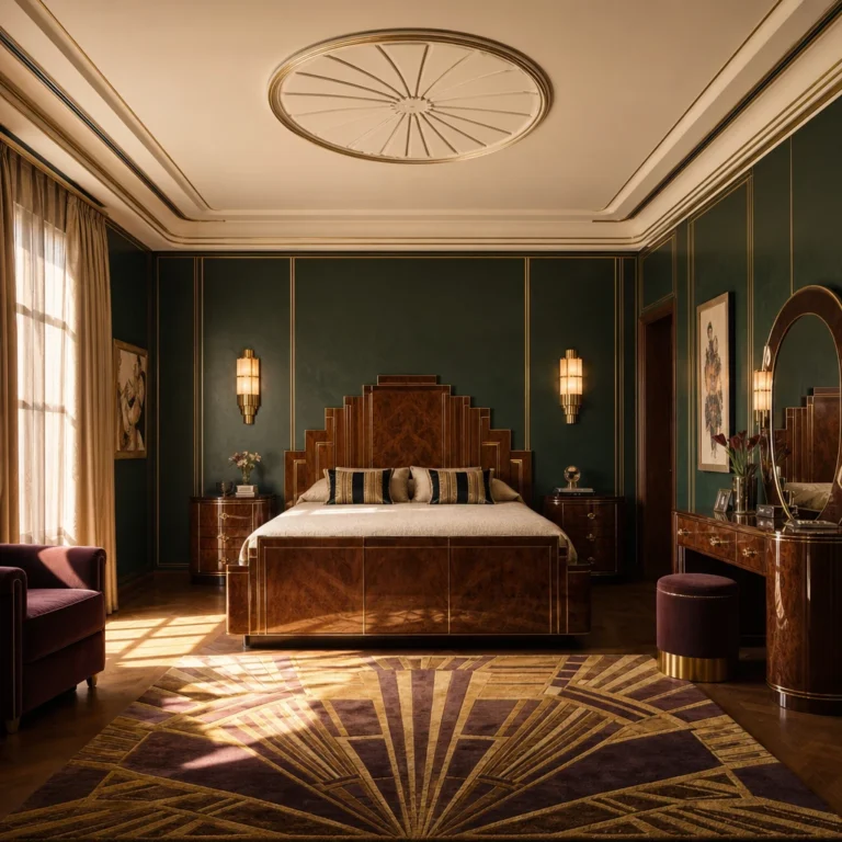 Italian Art Deco bedroom with a lacquered walnut stepped headboard, dark green panelled walls with brass inlays, frosted glass sconces, a geometric gold and mauve rug, and warm amber afternoon light.