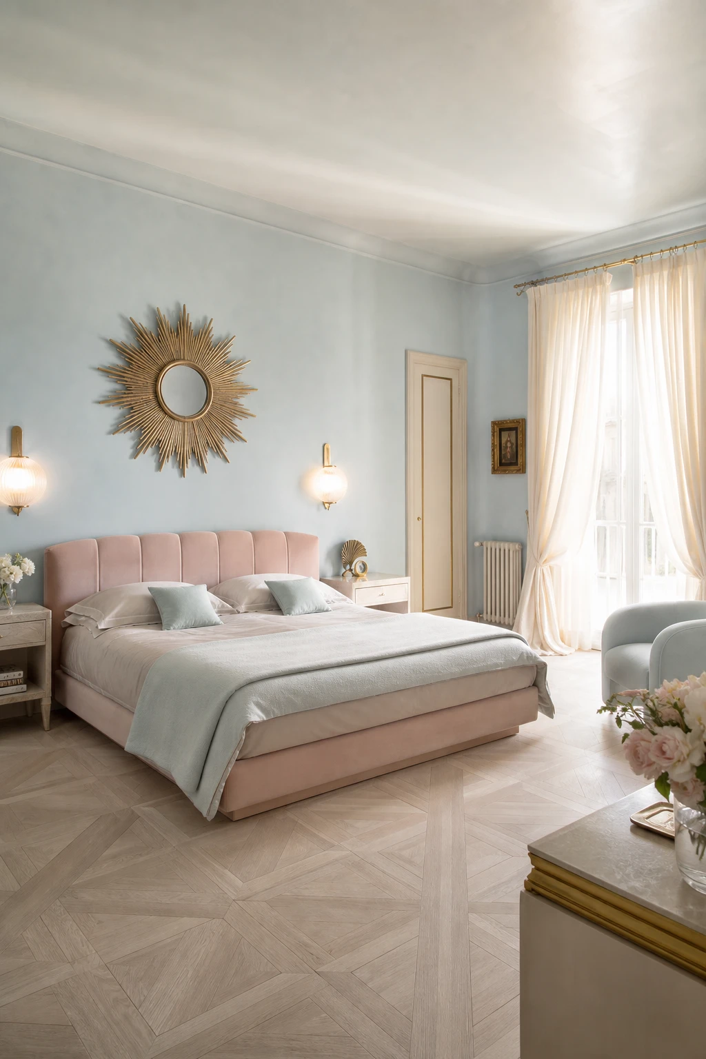 Italian Art Deco bedroom in soft pastel tones with Farrow and Ball Pale Powder walls, velvet upholstery, gilded trim, geometric floor and sheer silk drapery