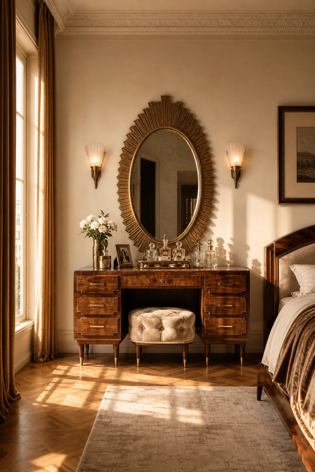 Italian Art Deco bedroom vanity table as hero, with oval mirror, upholstered stool, brass fittings and warm white walls in a luxurious grooming corner