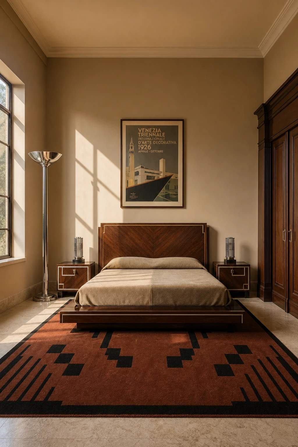 Italian Art Deco bedroom with 1920s authentic silhouettes, geometric marquetry bed, stepped nightstands, and Farrow and Ball Ringwold Ground warm neutral walls