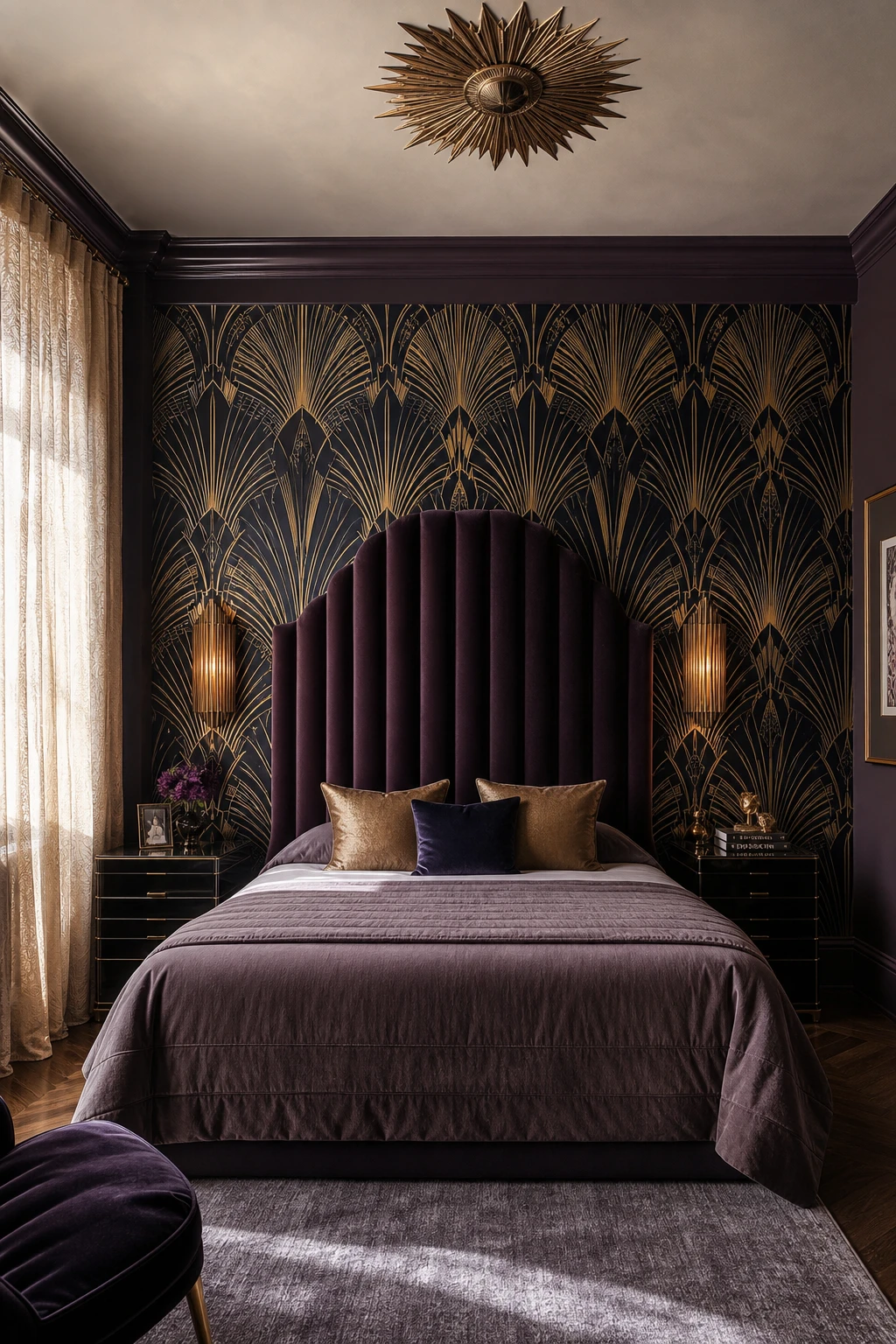 Italian Art Deco bedroom with a bold geometric wallpaper statement wall behind an upholstered bed, accented by Farrow and Ball Brinjal painted trim