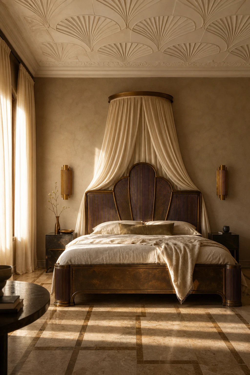 Italian Art Deco bedroom with a bronze bed as the hero, warm Oxford Stone walls, silk drapes, travertine floor and decorative plasterwork ceiling