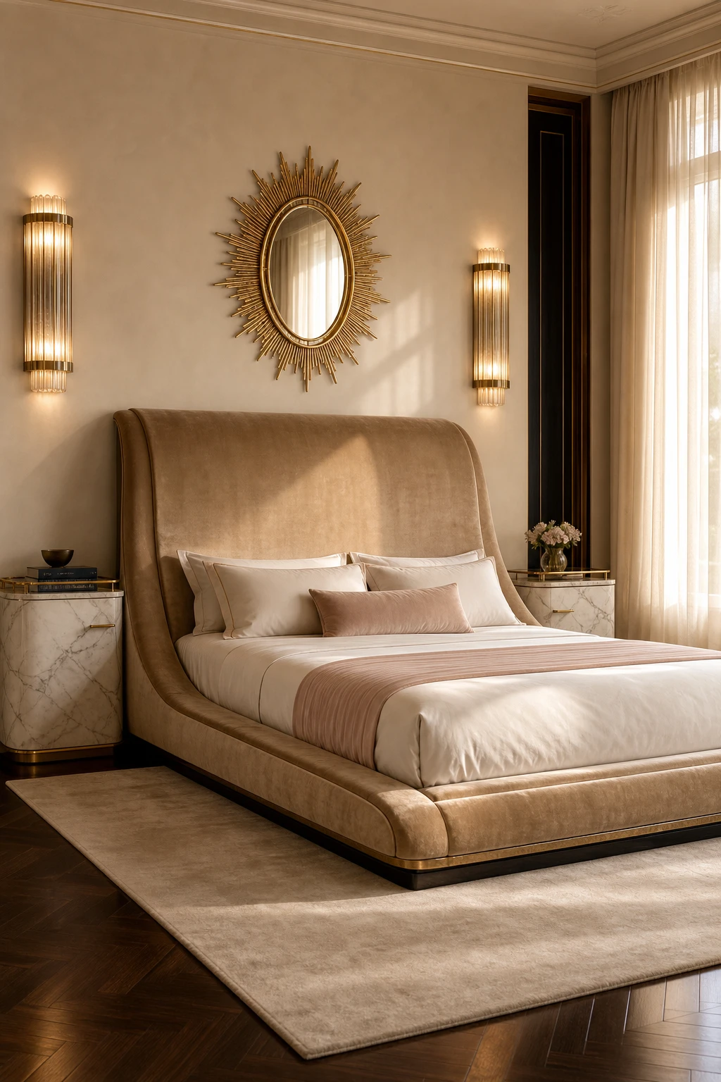 Italian Art Deco bedroom with a curved velvet waterfall bedframe as the hero, flanked by fluted sconces and marble nightstands, warm afternoon light