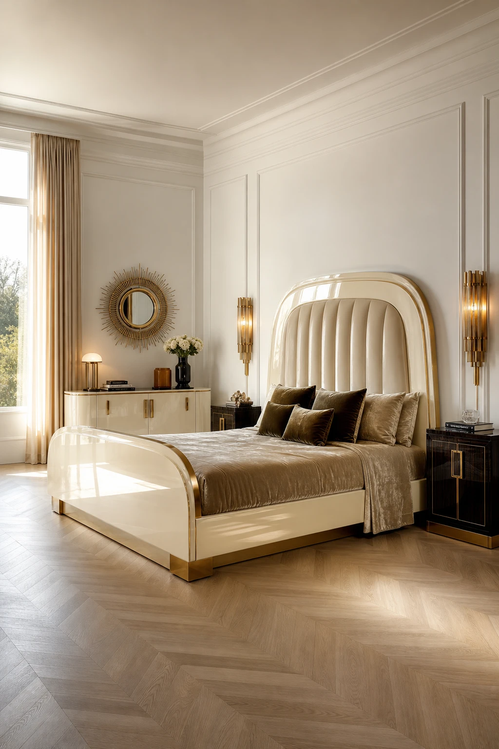 Italian Art Deco bedroom with a high gloss lacquer bed as the centrepiece, flanked by sculptural sconces and geometric nightstands against Strong White walls