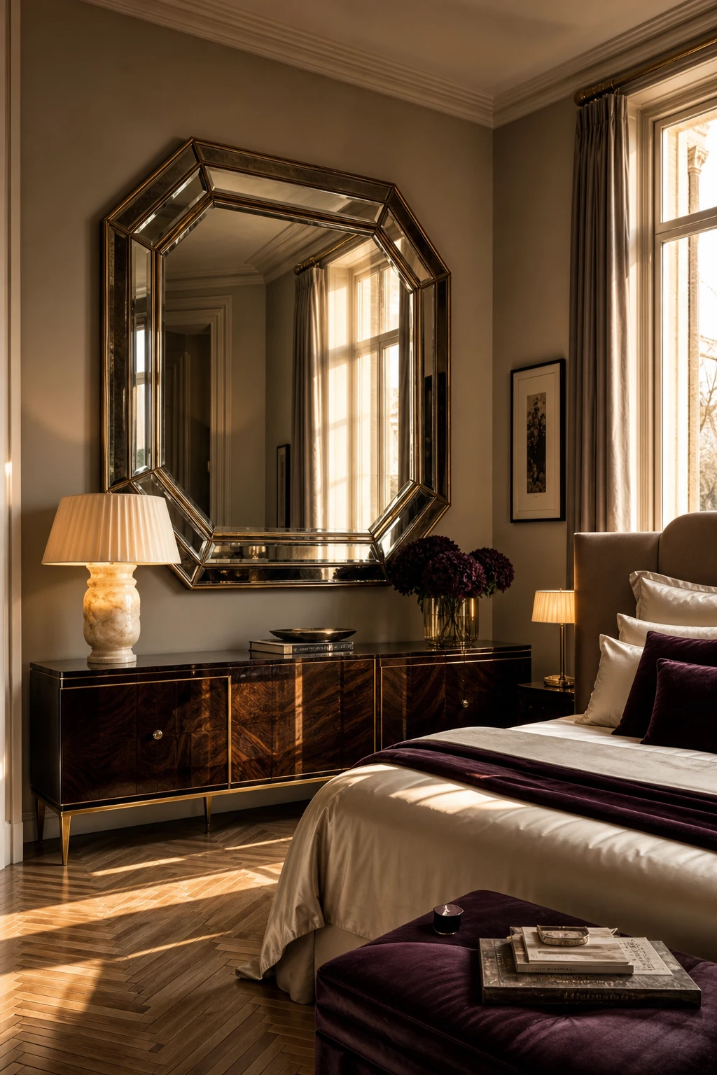 Italian Art Deco bedroom with a large geometric mirror as the focal point, warm neutral walls, luxe textiles and sculptural lighting