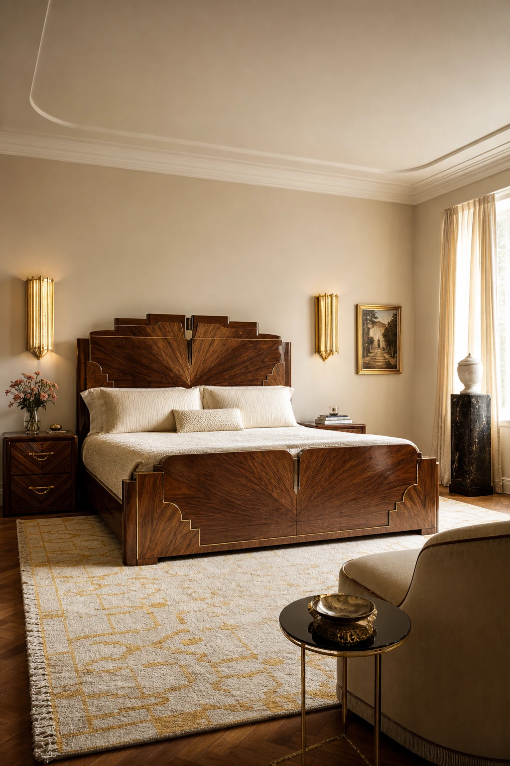 Italian Art Deco bedroom with a sculptural walnut bed frame as the centrepiece, warm neutral walls, silk bedding, and geometric brass accents in soft morning light