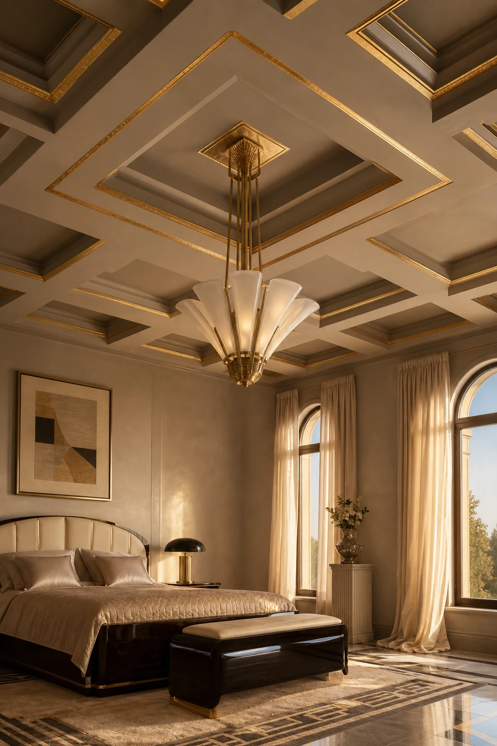 Italian Art Deco bedroom with a statement ceiling painted Farrow and Ball Dove Tale, featuring geometric coffers, gilded trim, silk drapes and a sculptural chandelier