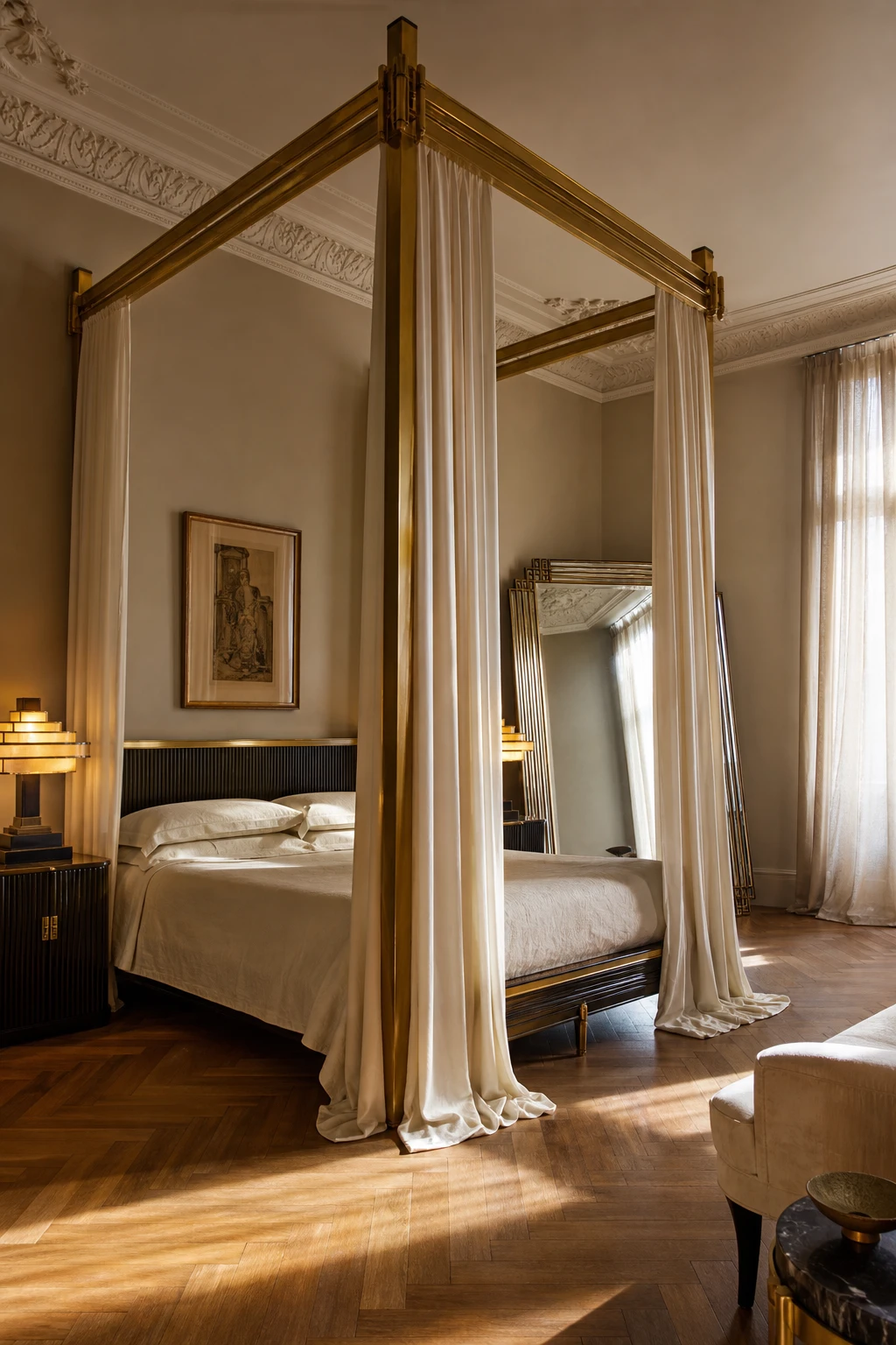 Italian Art Deco bedroom with a tall canopy bed as the hero, dressed in ivory silk and aged brass, walls in Farrow & Ball Stony Ground warm neutral paint