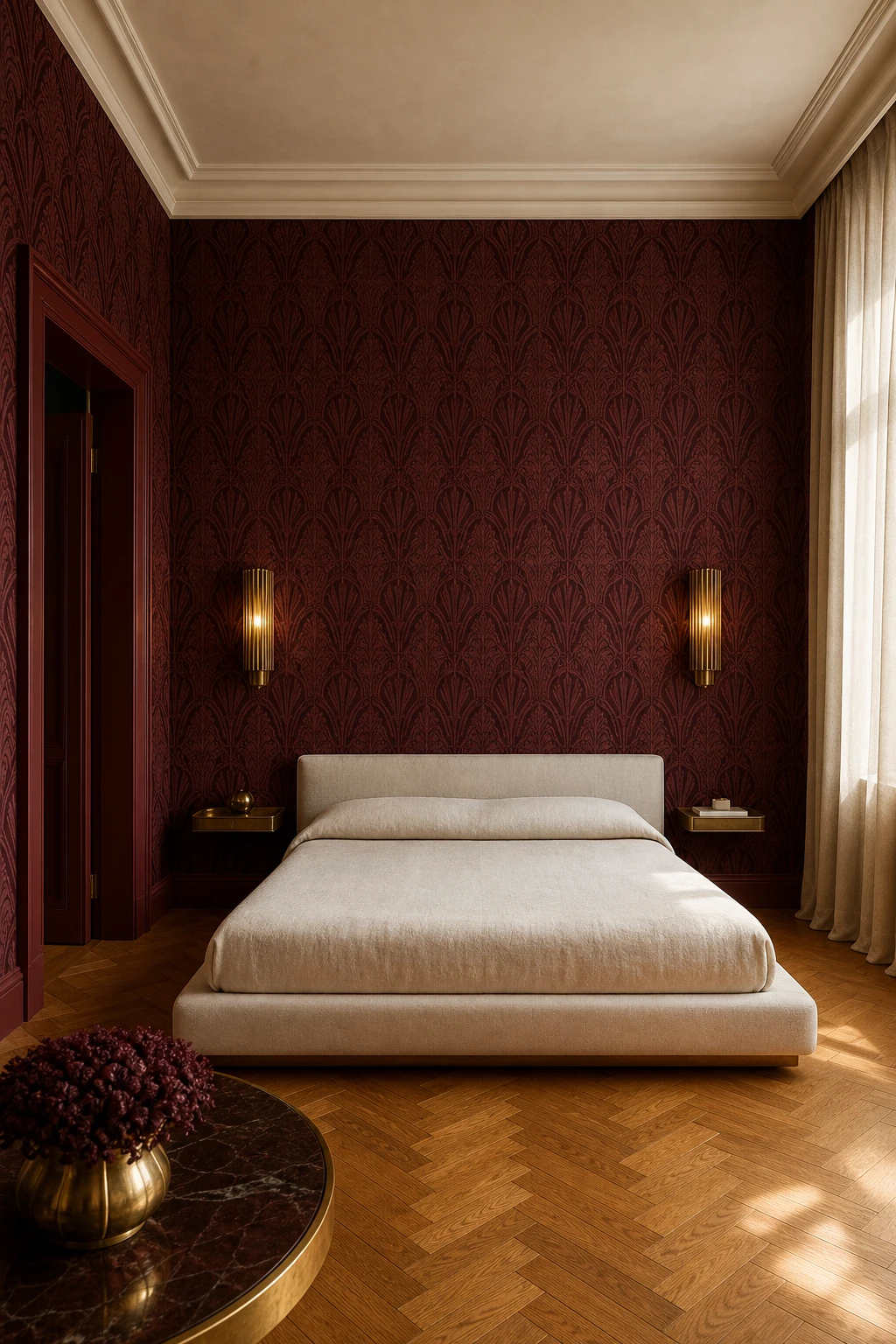 Italian Art Deco bedroom with bold burgundy wallpaper as the hero, paired with neutral linen bedding, warm parquet flooring, and gold sculptural sconces