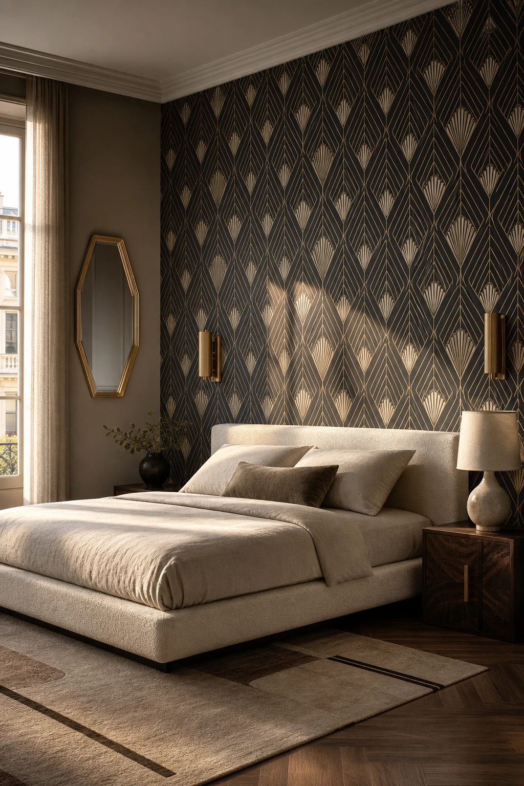 Italian Art Deco bedroom with bold geometric wallpaper as the hero, clean lined furniture, warm neutral walls, and soft directional light