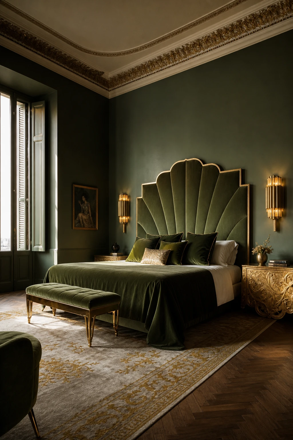 Italian Art Deco bedroom with Calke Green walls, gold leaf accents, a sculptural headboard, geometric brass sconces, and velvet upholstery in deep emerald
