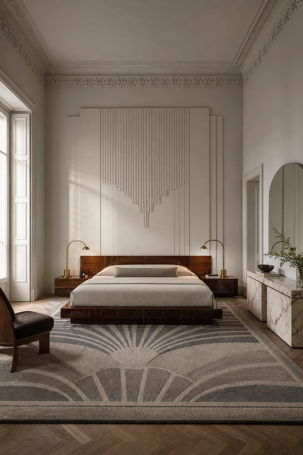 Italian Art Deco bedroom with contemporary interpretation, Cornforth White walls, geometric brass lighting, lacquered furniture and bold symmetry in cool neutral tones