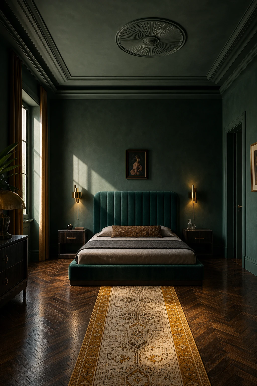 Italian Art Deco bedroom with dark green walls, an upholstered bed, geometric brass sconces, inlaid parquet floor, and velvet soft furnishings in deep jewel tones