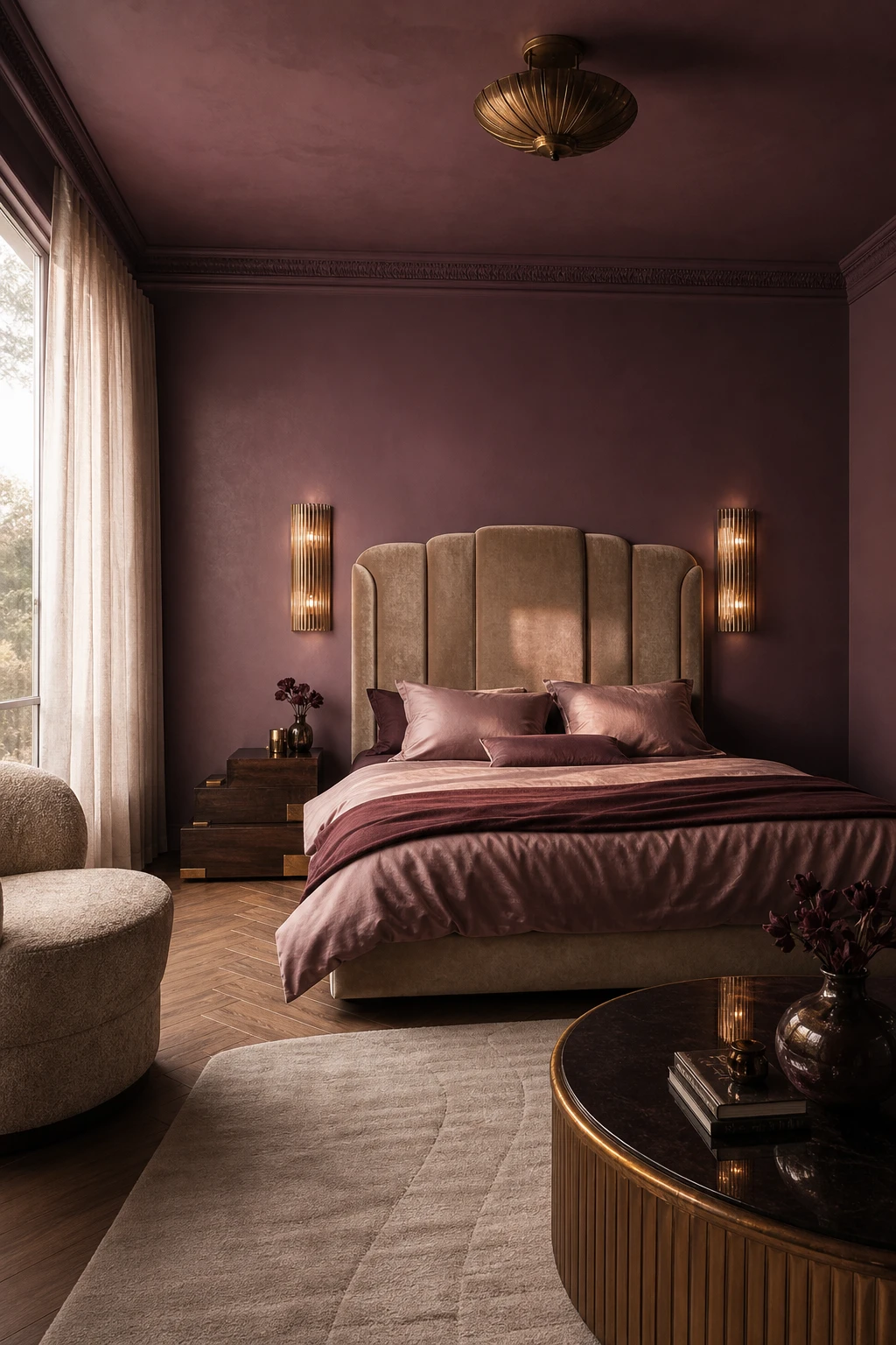 Italian Art Deco bedroom with dark mauve walls, a sculptural upholstered bed, gilded sconces, herringbone parquet floor and layered jewel toned textiles