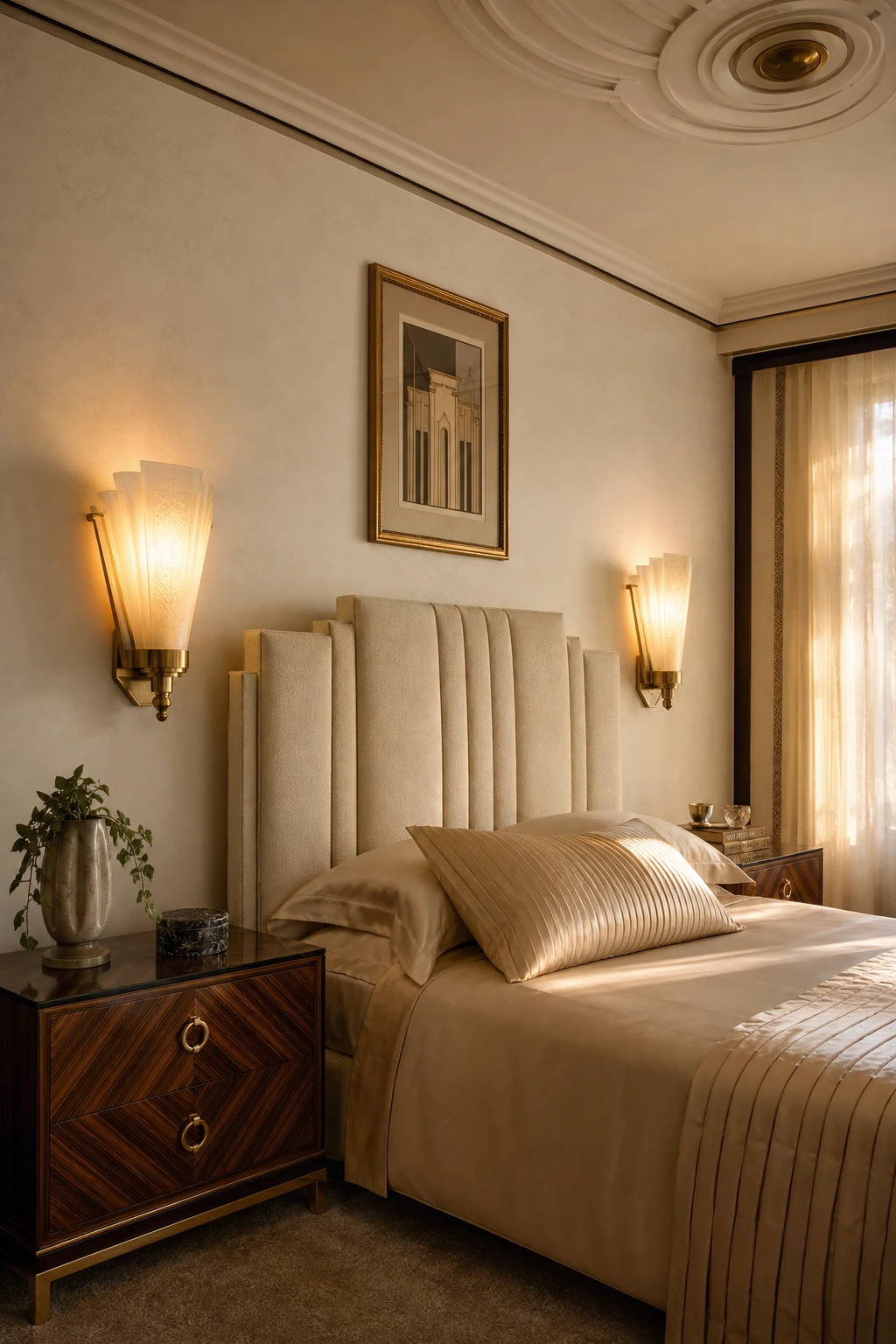 Italian Art Deco bedroom with frosted glass sconces casting warm diffused light on Farrow and Ball Clunch walls beside an upholstered bed with geometric headboard